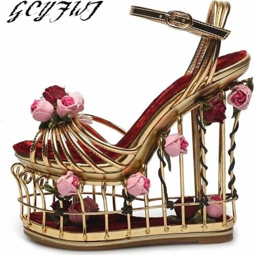 Women Sandals Summer Flowers Super High Heel 15CM Thick Bottom Women Shoes Fretwork Heels Wedding Party Buckle Sandalias Mujer