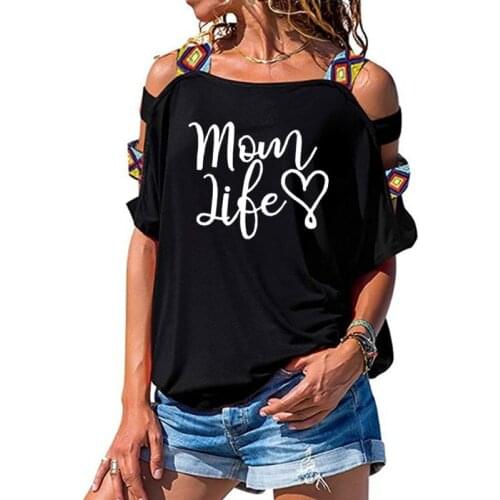 Mom life heart Letters print Women tshirt Cotton Casual t shirt For Lady Girl Short Sleeve Sexy Hollow Out Shoulder Tees Tops