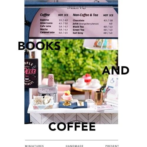 Miniature Dollhouse with Furniture Kit LED Light & Battery Case Crafts Modern Book & Coffee House 3D Puzzles Toy for Girls