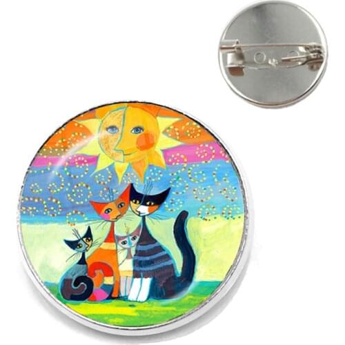 Cartoon Colorful Cats Family Brooches Oil Painting Cat Handmade Buttons Pins Glass Dome Badges for Bag Clothes Brooche Gift