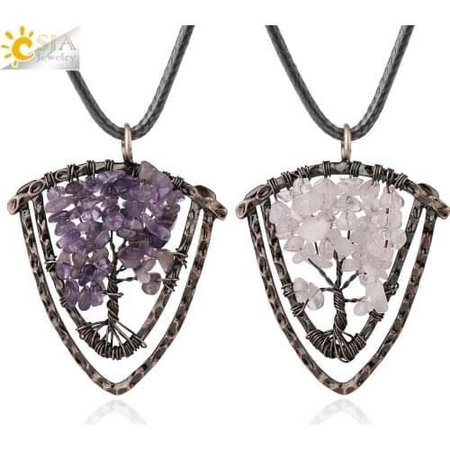 CSJA Handmade Natural Stone Pendants Necklaces for Men Tree of Life Wire Wrap Chip Beads Vintage 7 Chakra Crystal Jewelry G329