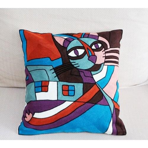 100% Cotton Abstract Cat Embroidered Square Pillow Cover Sofa Cushion Case Chair Cushion Cover 45x45cm Without Stuffing