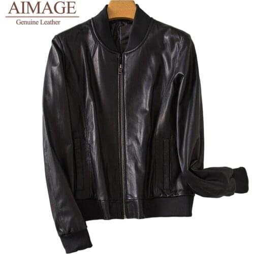 New women sheepskin leather coats zipper biker streetwear stand collar motorcycle jackets black roupa de couro feminina