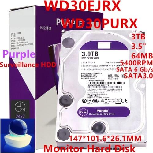 New HDD For WD Brand Purple 3TB 3.5" SATA 6 Gb/s 64MB 5400RPM For Internal Hard Disk For Surveillance HDD For WD30EJRX WD30PURX