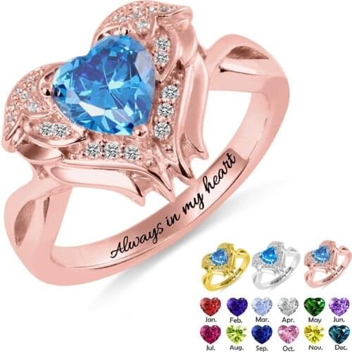 Personalized Heart Shape Birthstone Ring Custom Engraving Words Gift Ring For Women Girl Fashion Customized Jewelry