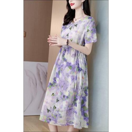 Summer New Chic V-Neck Loose Short Sleeve Retro Ink Printing Temperament High Waist Drawstring Show Thin Ramie Fashion Dress