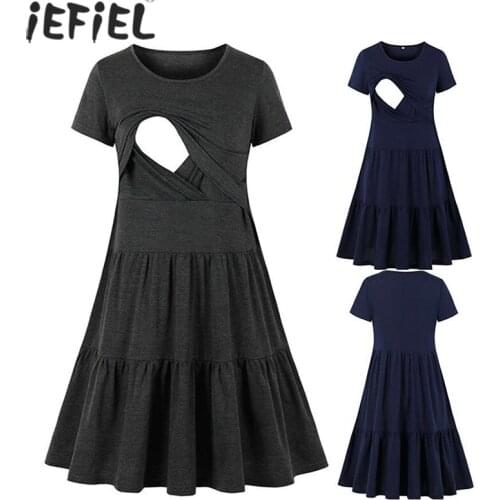 Maternity Dresses Nursing Nightgown Pleated Dress Pregnancy Short Sleeve Breastfeeding Clothes For Pregnant Women Sleepwear