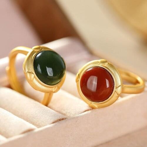S925 Sterling Silver Ring Natural Hetian Jade Green Jade South Red Retro Gold Fashion Temperament Personality Lady Ring Rings