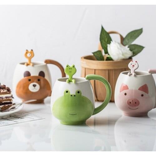 Japanese Ins Ceramic Cup Cartoon Creative Trend Korean Home Mug Simple Couple Lovely Spoon Home Office Gifts