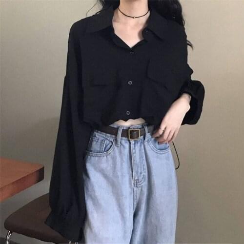 HOUZHOU Womens Blouse Lantern Sleeve Streetwear Korean Fashion Aesthetic Black Long Sleeve Button Up Retro Clothes New 2021