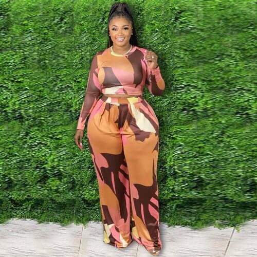 ZJFZML ZZ Women Clothing Two Piece Set Plus Size Geometric Pattern Long Sleeve Crop Top+wide Leg Pants Dropshipping Wholesale