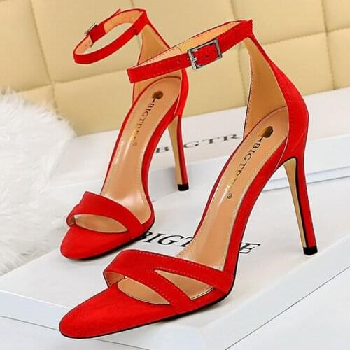 2021 Women 10.5cm High Heels Flock Stripper Sandals Female Fetish Strappy Red Shoes Lady Valentine Summer Classic Sexy Pumps
