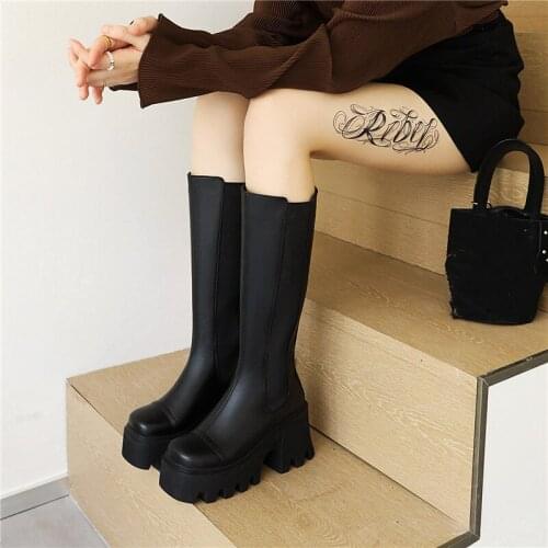 YMECHIC Splicing Elastic Cloth Thigh High Boots Platform Women Thick Sole Shoes Black Punk Autumn Long Botas Women 2021 Size 43