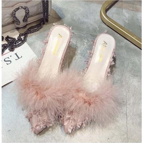 Women Real Ostrich Hair Heel Slippers Female Fashion Furry Slippers High Quality Non-slip Sexy Slippers Ladies Party Heel Shoes