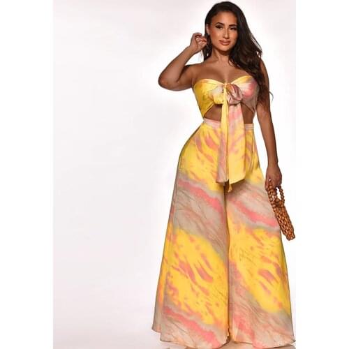 Tie Dyeing Print Tie Front Bandage Crop Top and Loose Wide Leg Trouser for Women Summer Holiday Matching Suit Two Piece Suits