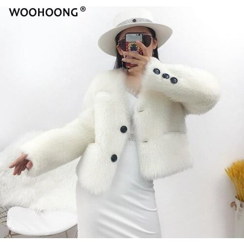 New Winter Simple Fashion Women Coat Short Real Fur Wool Coat Women Wool Jacket Overcoat Warm Jacket V-Neck OL