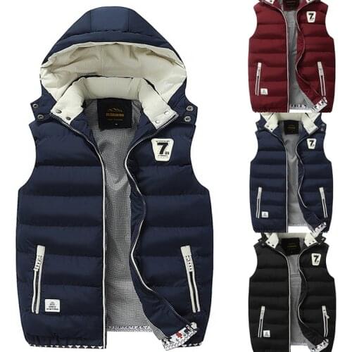 Fashion Blue Mens Vest for Winter Autumn Waistcoat Mens Sleeveless Jacket Outercoat Warm Mens Overcoat with Hat Detachable