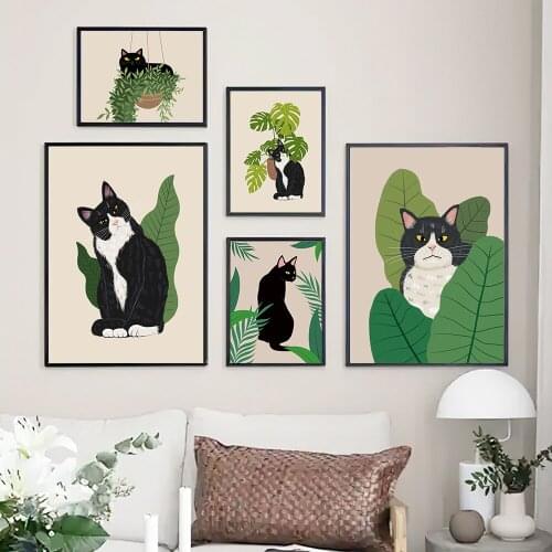 Botanical Black Cat Wall Art Canvas Painting Boho Style Animal Poster Tropical Plants Prints Funny kitchen Home Decor Pictures