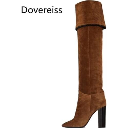 Dovereiss Fashion shoes for woman Winter Brown Sexy Elegant Ladies Boots Chunky heels Knee High Boots Pointed toe big size 45
