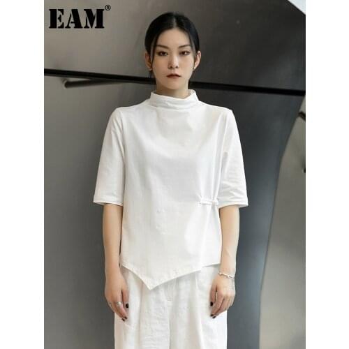 [EAM] Women White Irregular Pocket Spliced T-shirt New Stand Collar Short Sleeve Fashion Tide Spring Summer 2021 1DE1240