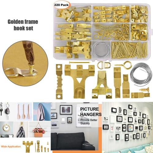 Picture Hangers Kit 220 Pcs Wall Picture Hanging Kit Picture Metal Hanging Hooks Golden Photo Frame Hangers In Stock