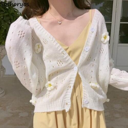 Cardigan Women Solid Appliques Flower Fashion Sweet V-neck Korean Style Chic Hollow Out Student All-match Sweater Outwear Casual