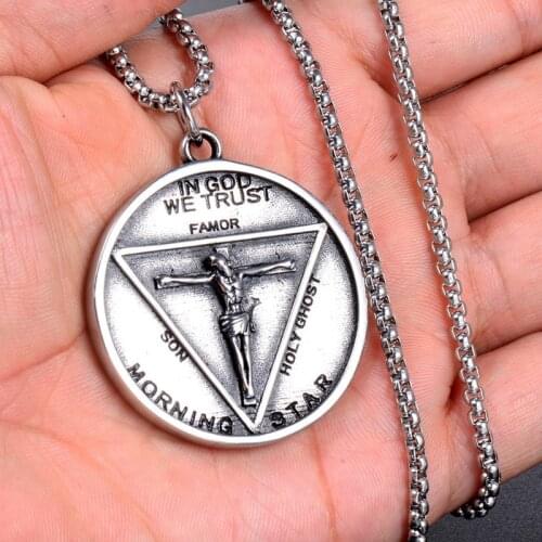 Crucifixion Jesus Round Pendant Men Women Stainless Steel Pentagram Satan Devil Necklace Fashion Hip Hop Jewelry Gift