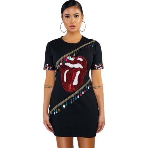 Street Wear Mini Straight Dress Summer Short Sleeve Tassel Spliced Dress Fashion Lips Casual T Shirt Dress