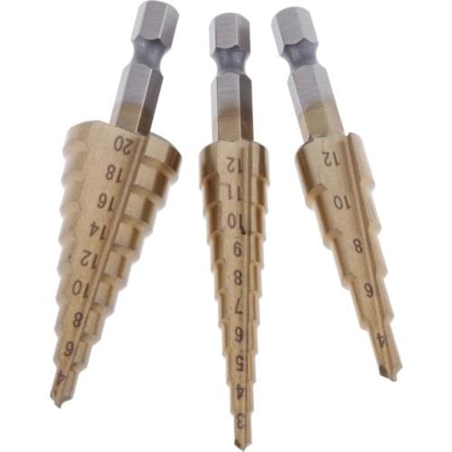 Set of 3 Titanium Step Drill Bit Set, High Steel, Total 3 Sizes, HSS Multiple Hole Drilling Cutting with Storage Bag