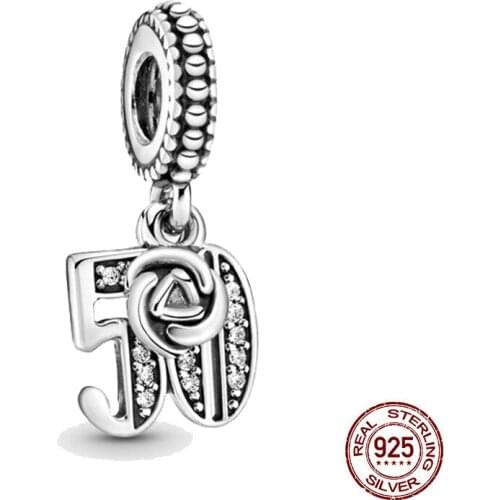 New Original 925 Sterling Silver 50th Celebration Dangle Diy Bead Charm Fit European Pandora Charms Bracelet Bangles Diy Jewelry