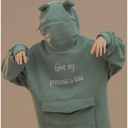 Medium Length Avocado Green Plush Sweatshirt Womens Creative Splicing Three Dimensional Cute Design Frog Pullover Pocket Coat