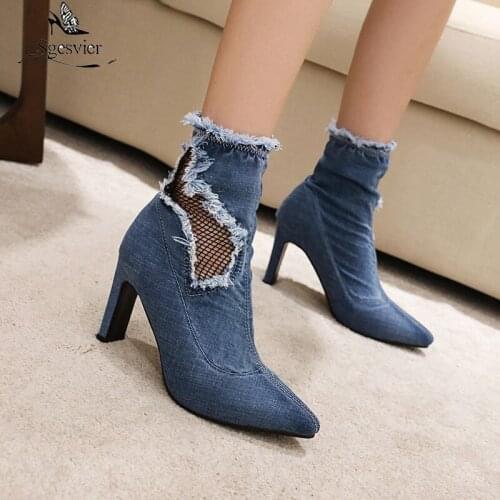 Sgesvier women shoes demin jeans cloth Super high heel pointed toe ankle Boots Women chunky short boots Female jeans booties