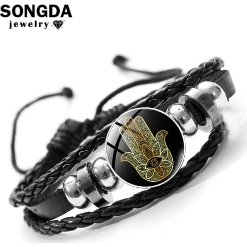 SONGDA Hand of Fatima Hamsa Bracelet Turkish Evil Eye Folk Art Pattern Glass Round Snap Button Leather Bracelet Amulet Jewelry