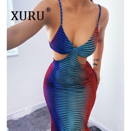XURU European and American Style Color Bag Hip Dress New Sexy Show Chest Hollow Dress Club Party Womens Dress