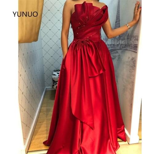 YUNUO Custom Made Sleeveless Red Prom Evening Dresses Woman Party Night Long Satin Formal Gowns suknie wieczorowe With Pockets