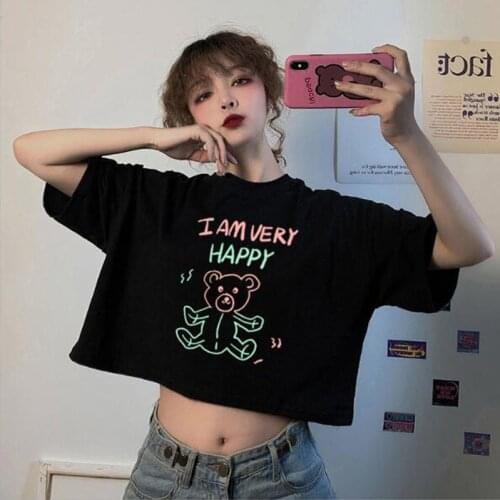 I AM VERY HAPPY Print Women T-shirt Cute Cartoon Print Short Sleeve Round Neck Women Tshirt Short Length T shirt Femme