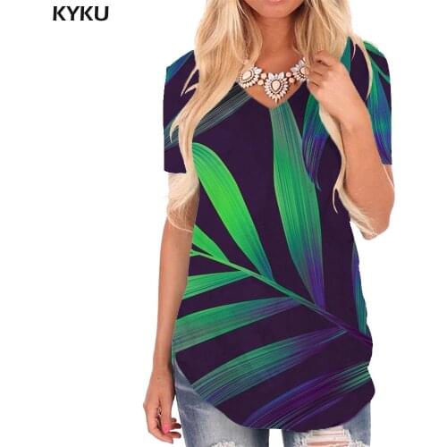 KYKU Leaves T-shirt women Green V-neck Tshirt Harajuku Funny T shirts Womens Clothing Summer Loose Plus Size High Quality