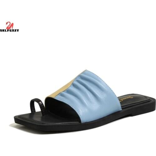SKLFGXZY 2021 Beach Women Slippers 100% cow leather Sandals Women Slippers Flat Heel Casual Ladies Shoes Outdoor Female Slides
