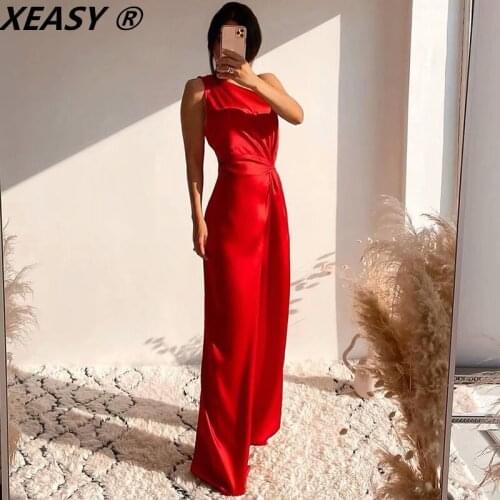 XEASY Women 2021 Orange Chic Asymmetrical Silk Satin Texture Jumpsuit Vintage Sleeveless Side Zipper Fashion Female Playsuits