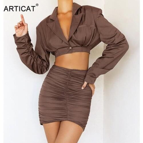 Articat Autumn Brown Two Pieces Dress Sets Women Long Sleeve Ruched T-shirt Mini Bodycon Skirts Suits Femme Slim Holiday Outfits