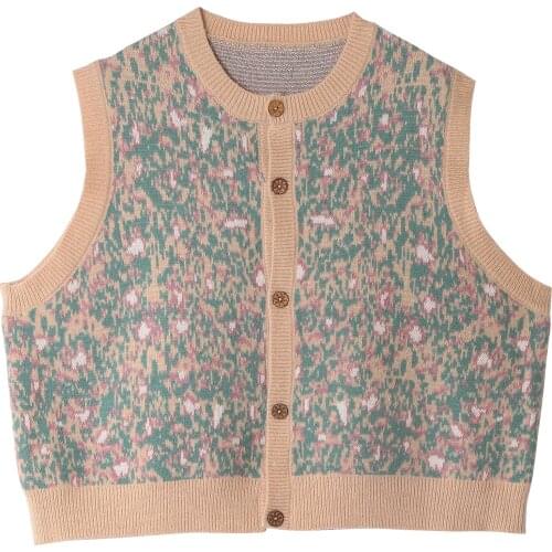 Bebobsons 2020 French Vintage Jacquard Round Neck Knitted Vest Coat For Women Autumn Winter New Sleeveless Knit Cardigan