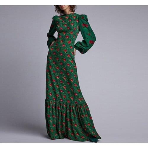 2021 Autumn Vintage Elegant O Neck Lantern Sleeve Printed Prom Dresses Women Green Full Length Homecoming Robes Graduation Gowns