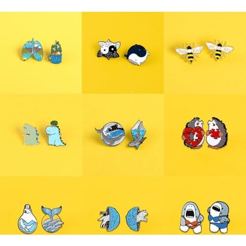 2 Pcs/Set Pin Bee Kind Enamel Pins Yin Yang Fish Brooches Hedgehog Whale Dinosaur Lapel Badge Cute Animal Jewelry Gifts