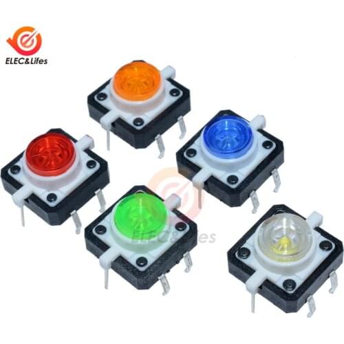 5Pcs 5 Colors 12x12x7.3mm Tactile Push Button Switch Momentary Tact LED 12*12*7.3mm