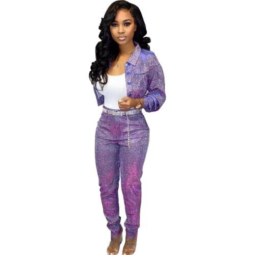 Sequin Glitter 2 Piece Set Womens Suit Single-breasted Jacket Top and Long Pants Sexy Club Outfits Matching Sets Ensemble Femme