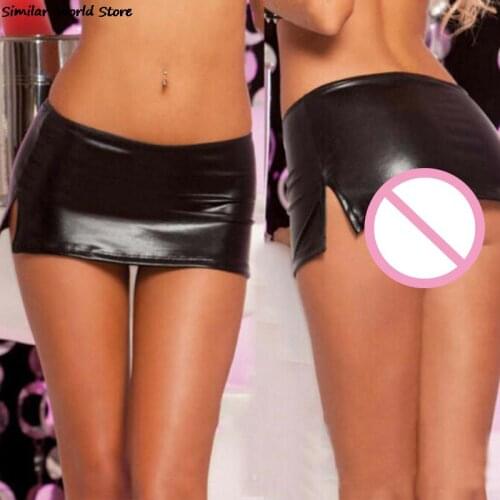 Black Sexy Womens PVC Wet Look Faux Latex Micro Mini Skirt with G-String Party Club Stripper Fetish Sexy Costumes