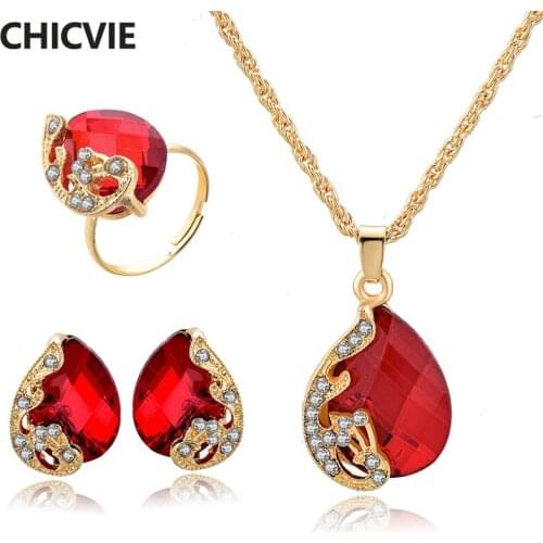 CHICVIE New Red Waterdrop Shape Necklace Earrings Sets Wedding Crystal Jewelry Set For Gold Women Necklace Jewelry Set SET190006