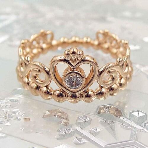Original Rose Gold Princess Tiara Royal Crown With Crystal Ring For Women 925 Sterling Silver Ring Wedding Gift Fine Diy Jewelry