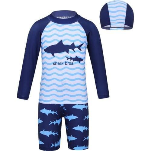 3PCS Kids Boys Tankini Swimwear Long Sleeves Shark Pattern Swimsuit Set Tops with Bottoms Swimming Cap Set Beach Bathing Suit