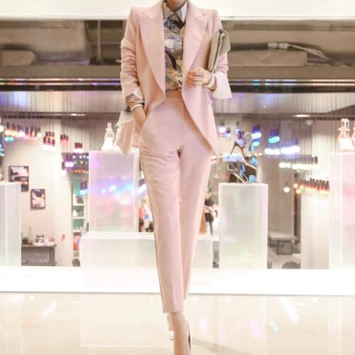 Two Pieces Set Autumn Business Pink Formal Suits Jackets For Women Work Office Long Sleeve Trouser Suit 2020 Ankle-Length Pants